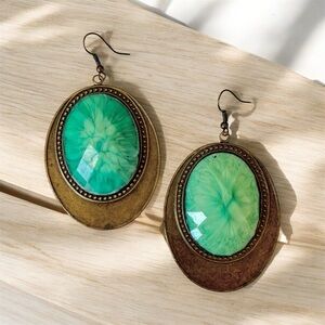 Faceted Faux Gemstone Oval Filigree Earrings Antique Brass